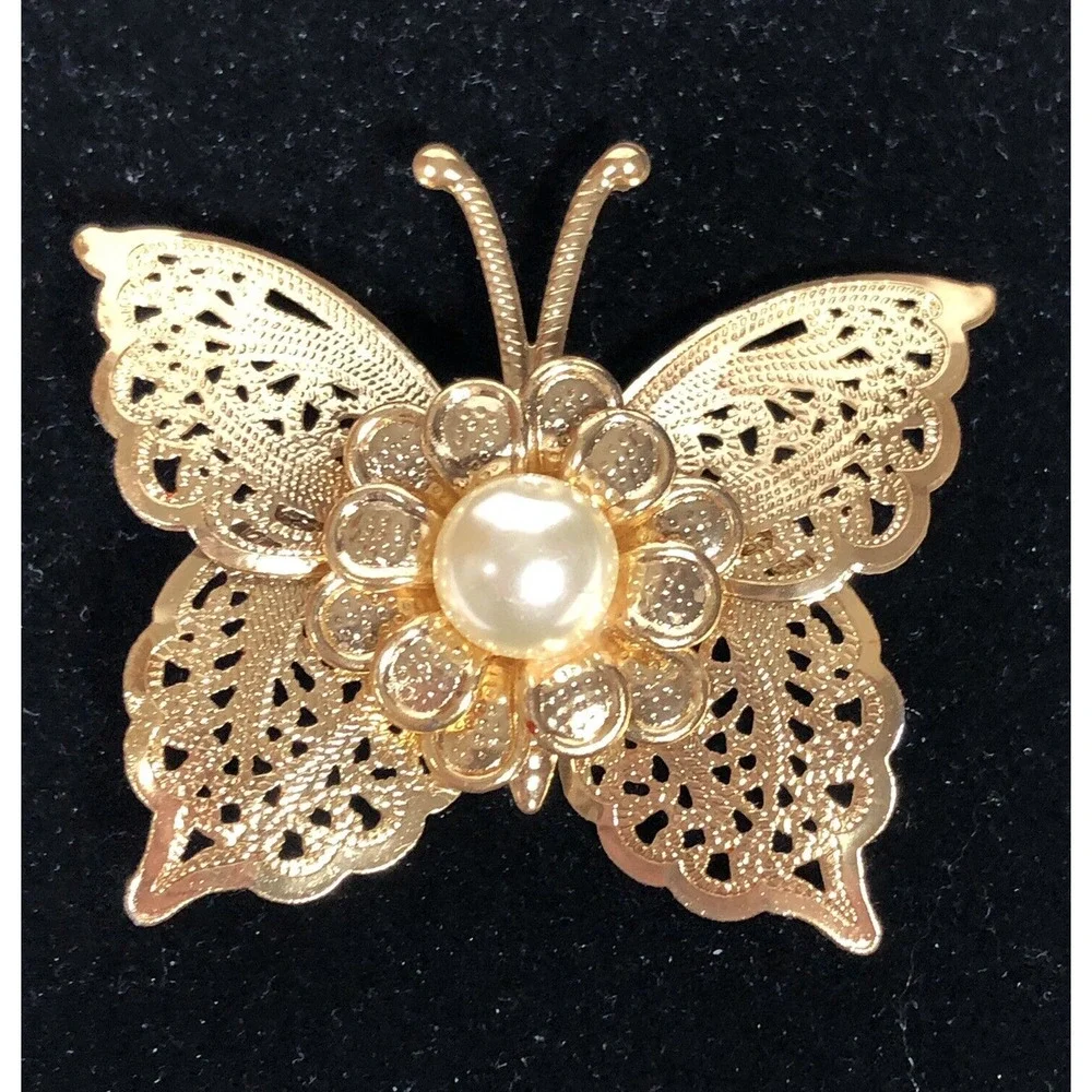 Butterfly Gold Tone Brooch Pin Filigree Style Faux Pearl Flower Unsigned Vintage
